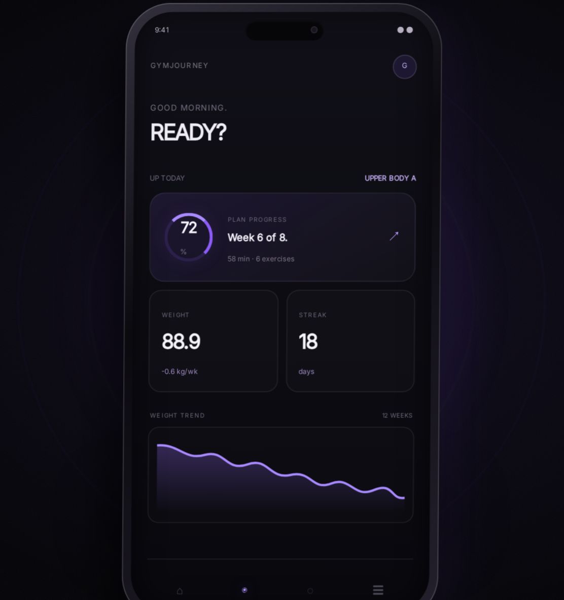 GymJourney on a phone: daily view with training, weight, streak and weight trend